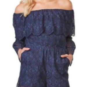 Navy lace off the shoulder romper